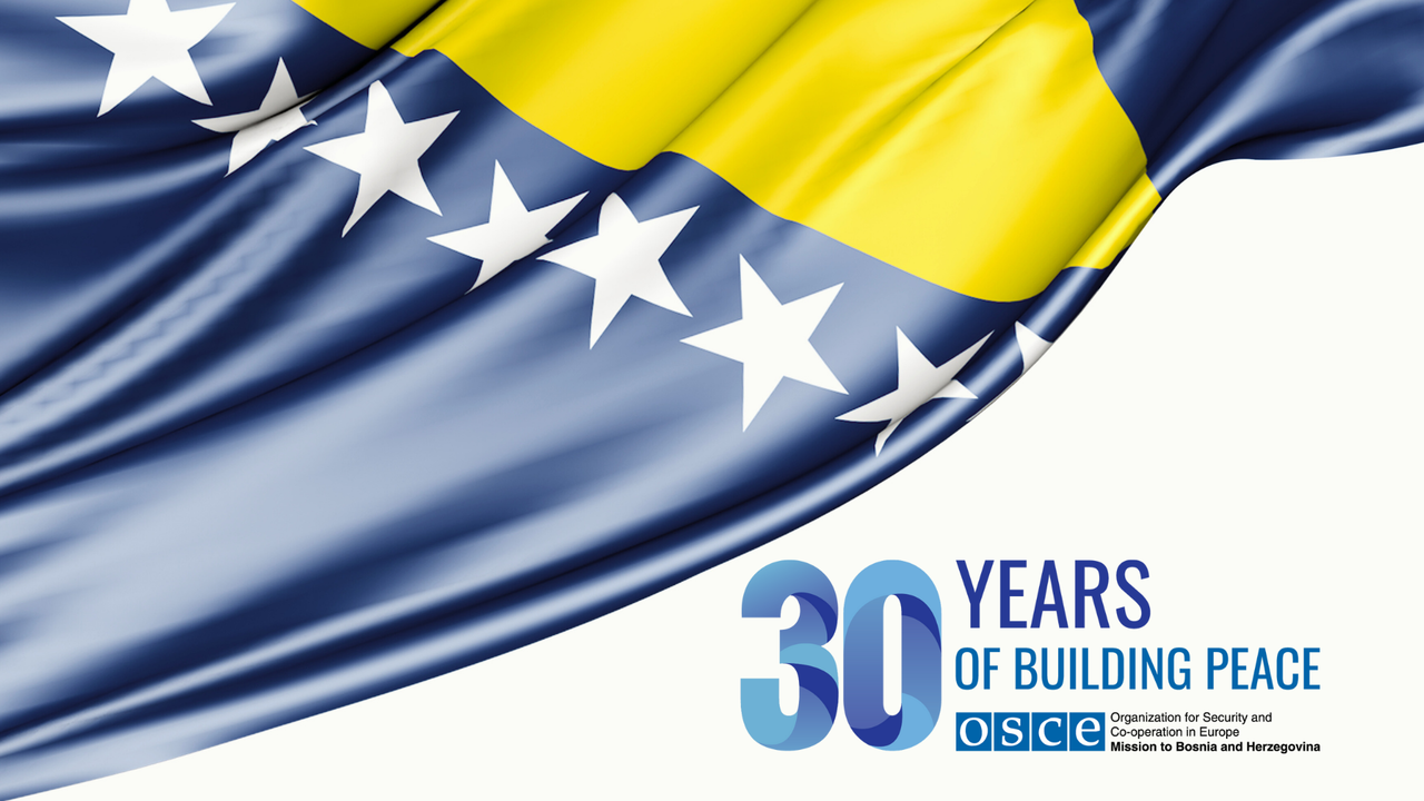 Flag of Bosnia and Herzegovina, blue with white stars and a yellow diagonal band, alongside OSCE logo.